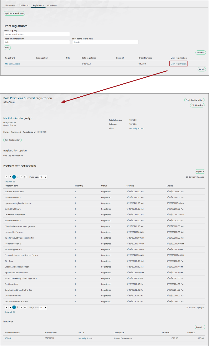 The program item registrations list, and the registrant’s responses to the event questions can be exported and printed.